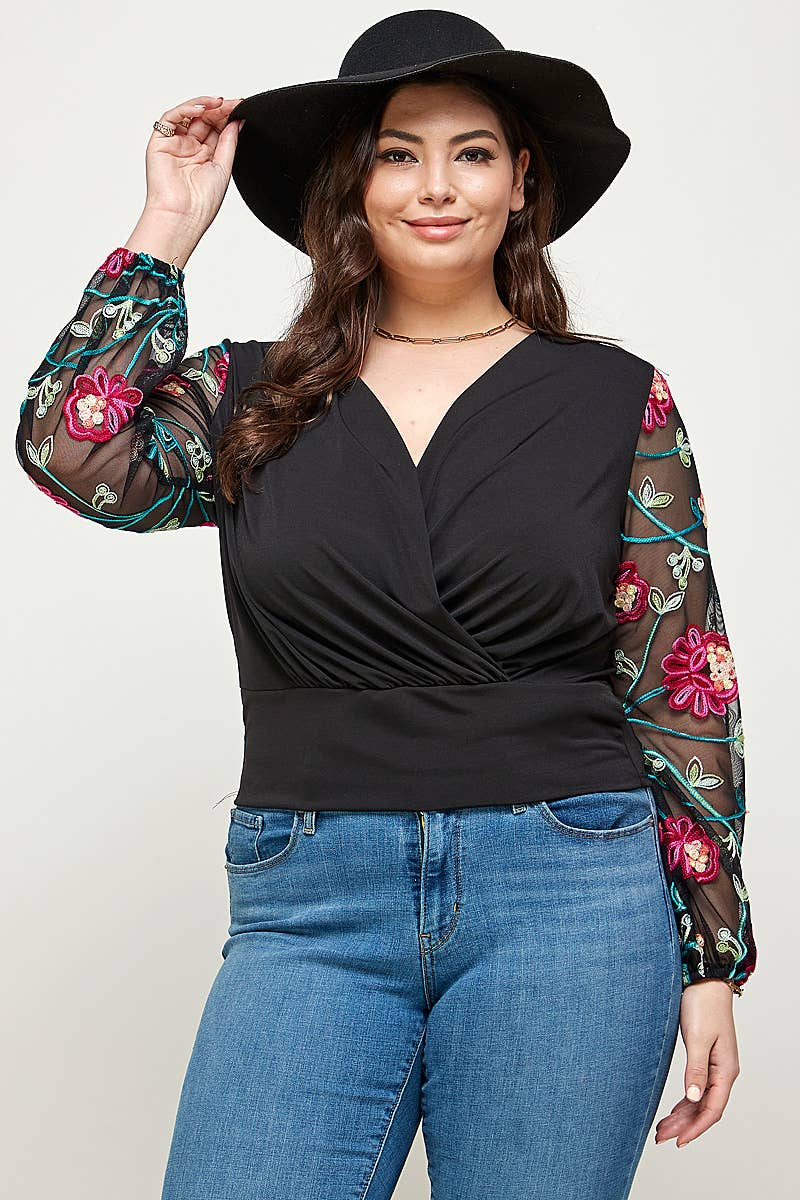 Plus Size Floral Embroidered Mesh Sleeve Wrap Top KY17860-4T