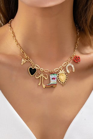 Western Boot Horseshoe Heart Multi Charm Necklace
