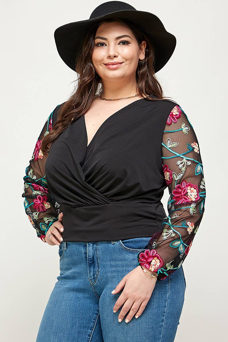 Plus Size Floral Embroidered Mesh Sleeve Wrap Top KY17860-4T