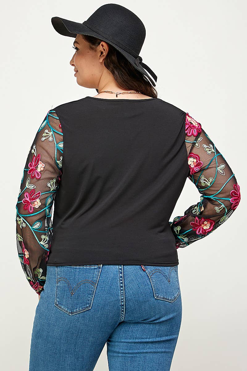 Plus Size Floral Embroidered Mesh Sleeve Wrap Top KY17860-4T