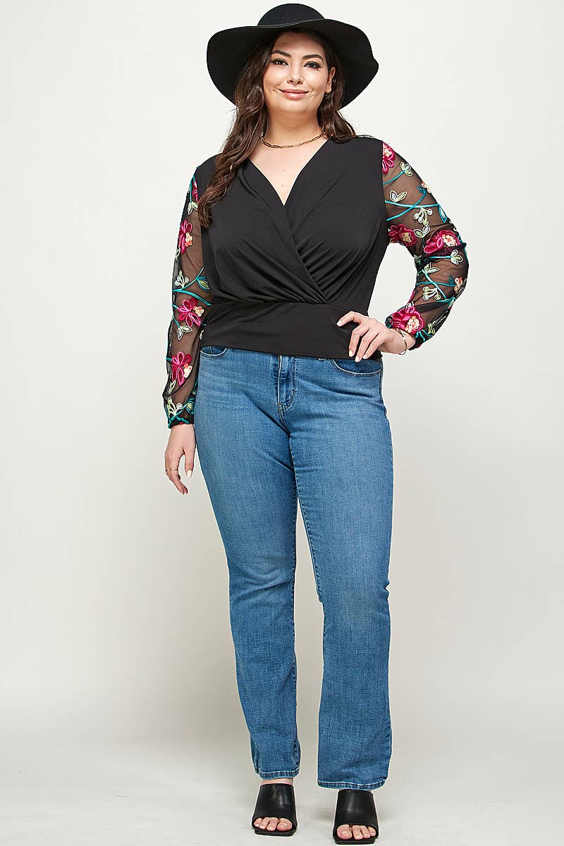 Plus Size Floral Embroidered Mesh Sleeve Wrap Top KY17860-4T