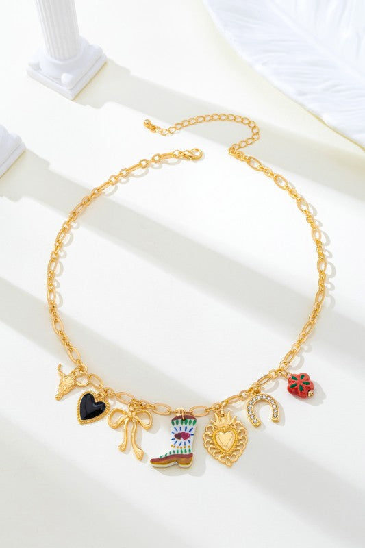 Western Boot Horseshoe Heart Multi Charm Necklace