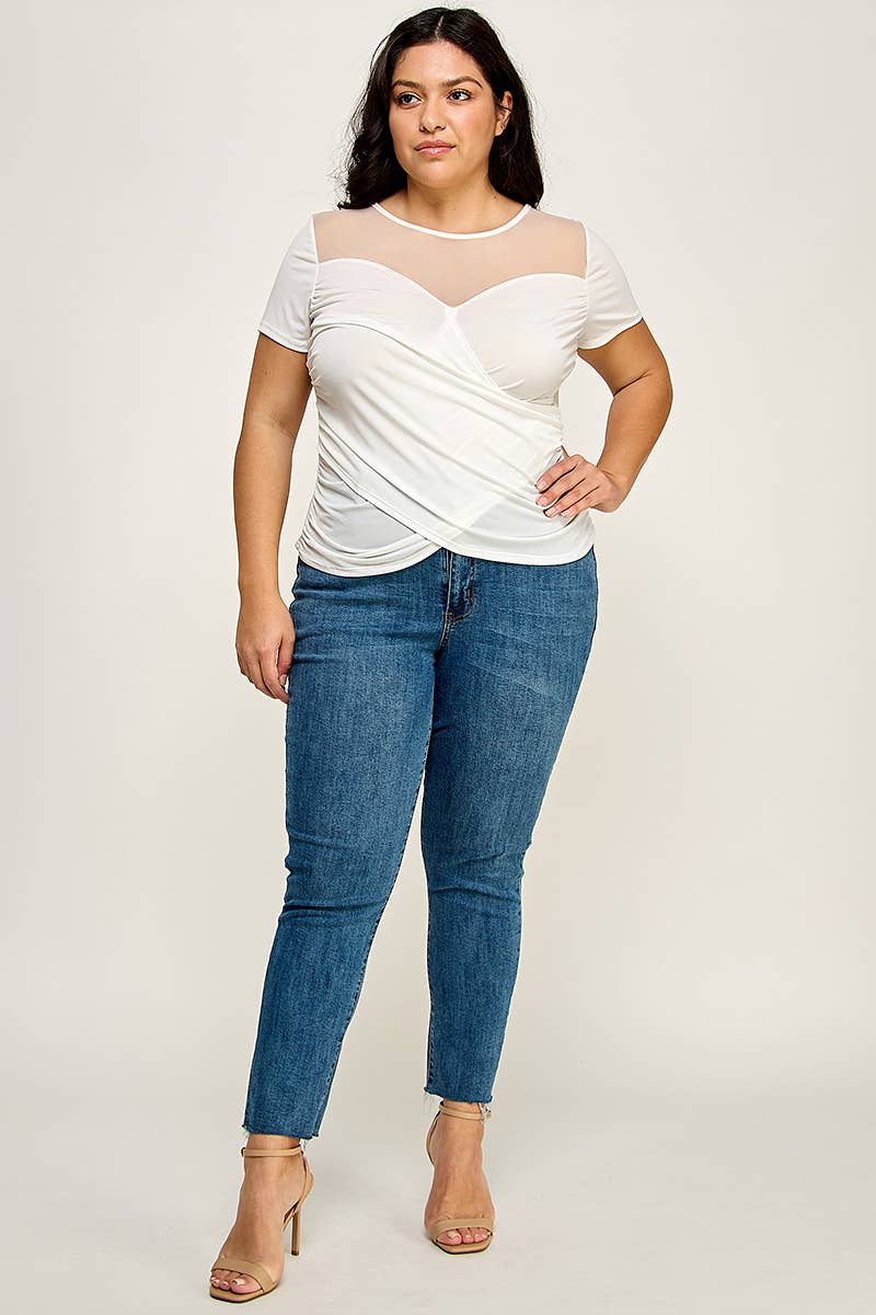Plus Size Mesh Sweetheart Wrap Top - KY18097-T
