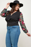 Plus Size Floral Embroidered Mesh Sleeve Wrap Top KY17860-4T