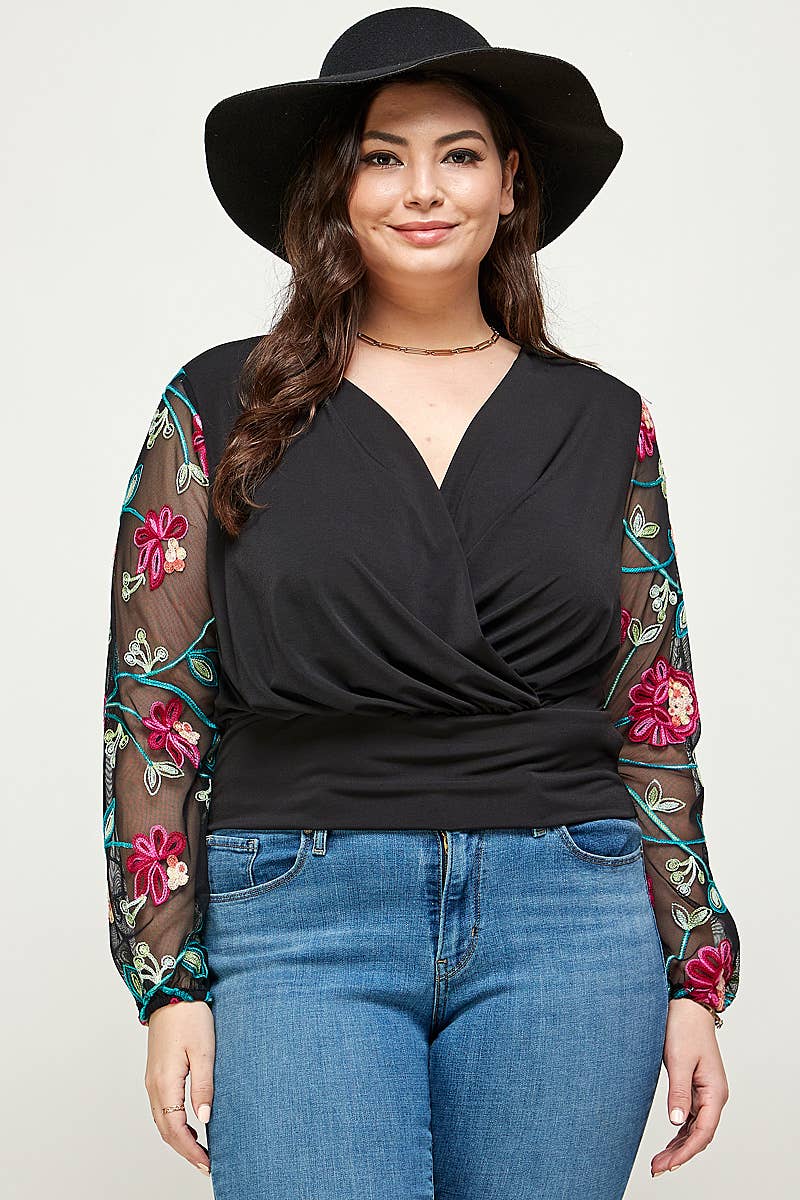 Plus Size Floral Embroidered Mesh Sleeve Wrap Top KY17860-4T