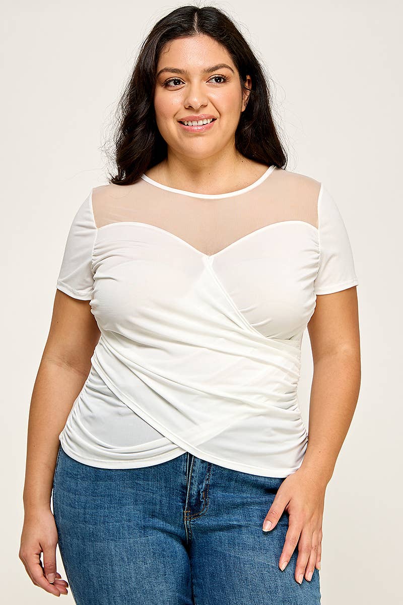 Plus Size Mesh Sweetheart Wrap Top - KY18097-T