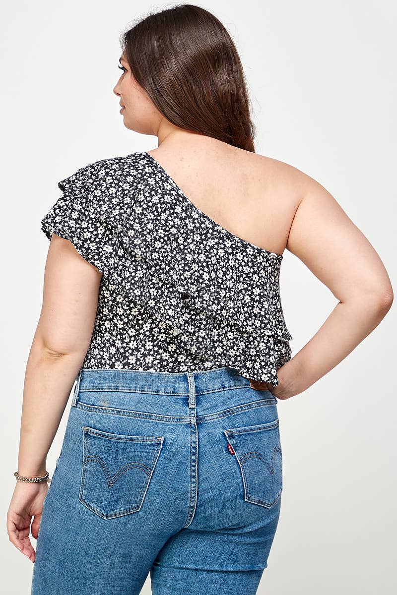Plus Size Ditsy Floral One Shoulder Bodysuit - KY18022-BS