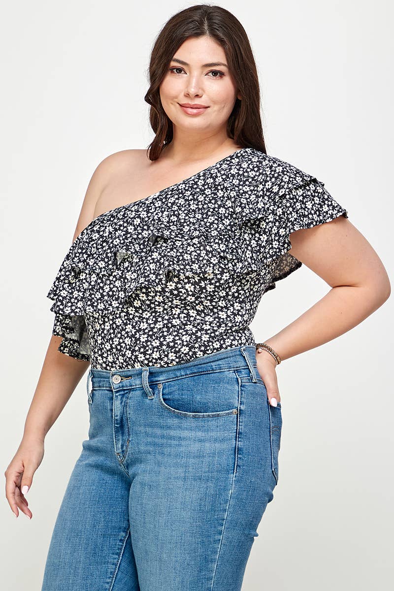 Plus Size Ditsy Floral One Shoulder Bodysuit - KY18022-BS