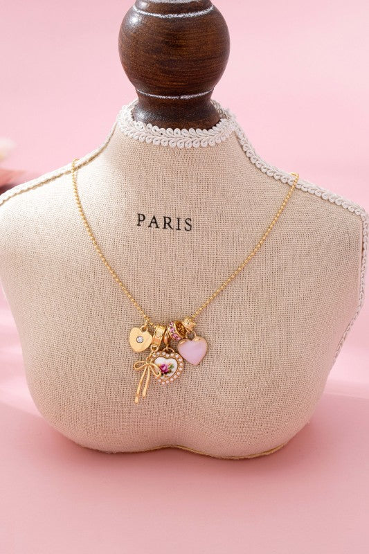 Multi Charm Porcelain Bow Ball Chain Necklace