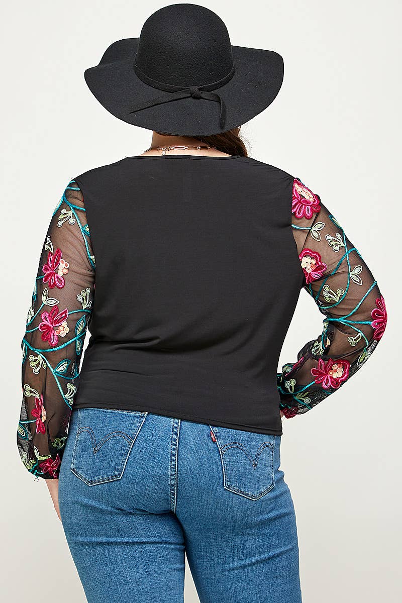 Plus Size Floral Embroidered Mesh Sleeve Wrap Top KY17860-4T
