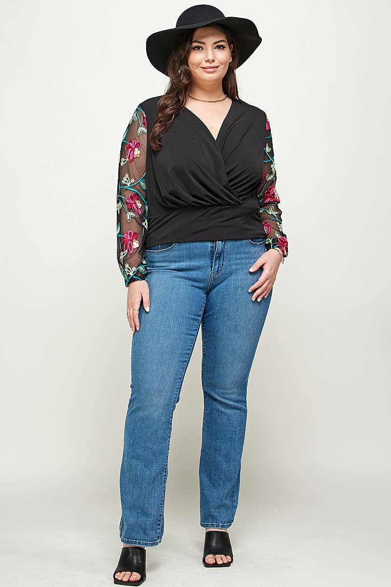 Plus Size Floral Embroidered Mesh Sleeve Wrap Top KY17860-4T