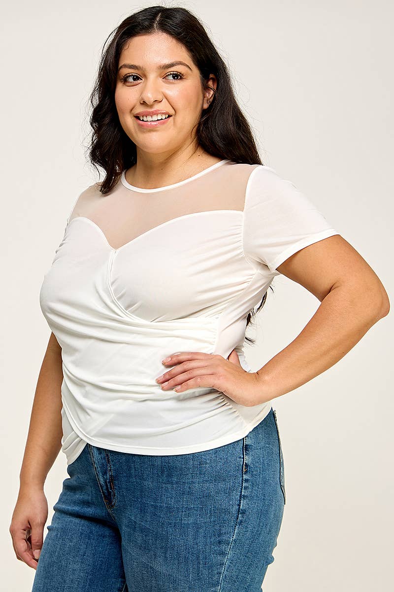 Plus Size Mesh Sweetheart Wrap Top - KY18097-T