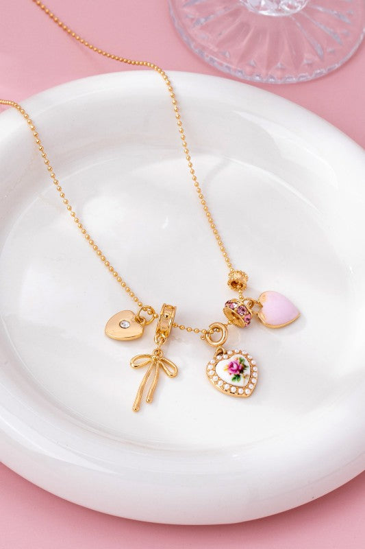 Multi Charm Porcelain Bow Ball Chain Necklace