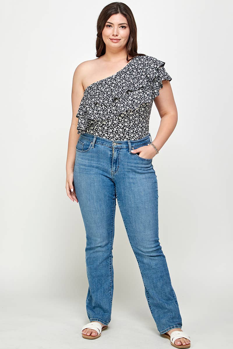 Plus Size Ditsy Floral One Shoulder Bodysuit - KY18022-BS