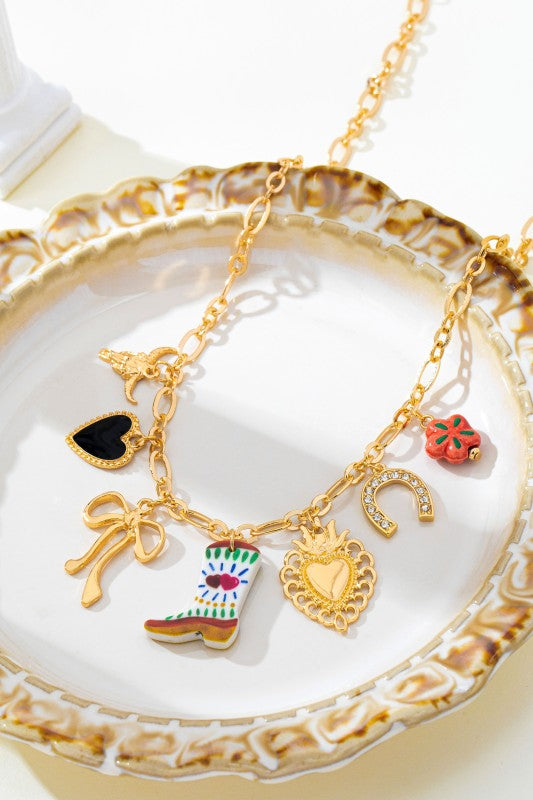 Western Boot Horseshoe Heart Multi Charm Necklace
