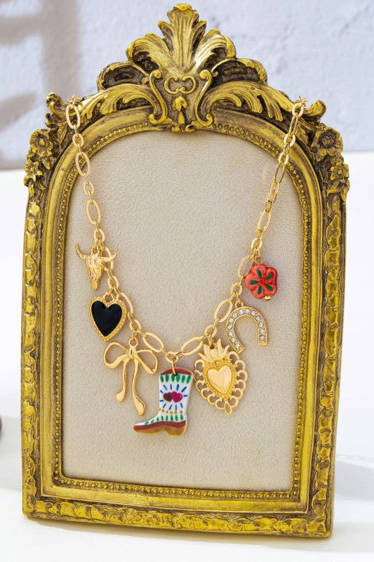 Western Boot Horseshoe Heart Multi Charm Necklace