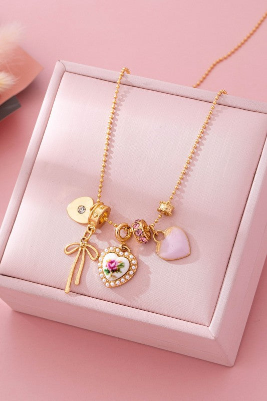 Multi Charm Porcelain Bow Ball Chain Necklace