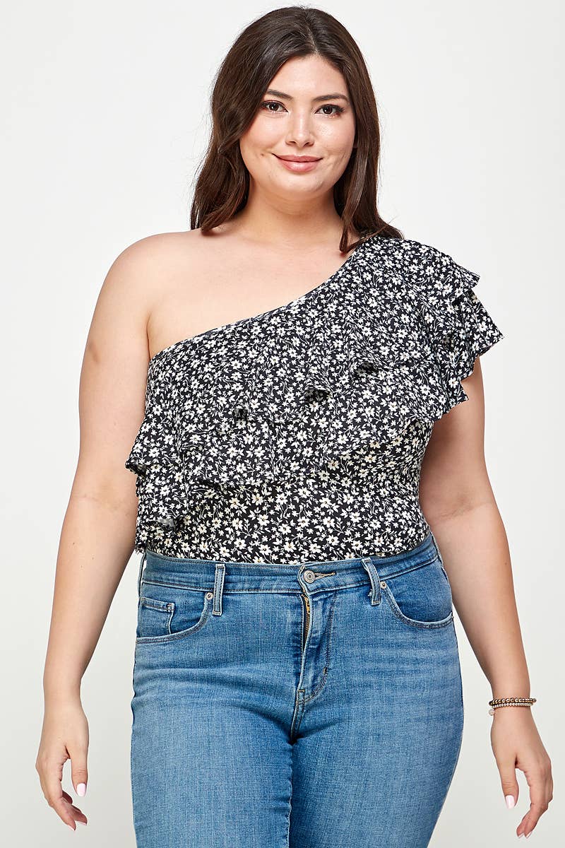 Plus Size Ditsy Floral One Shoulder Bodysuit - KY18022-BS