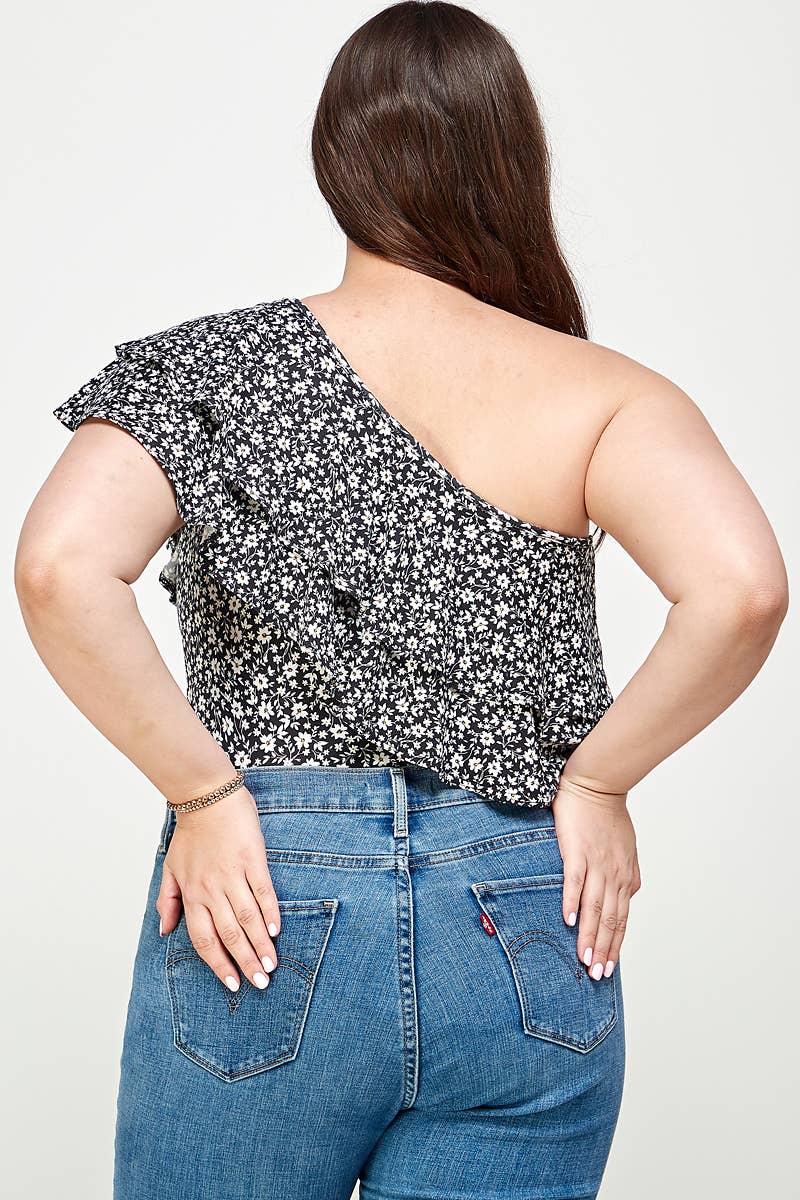 Plus Size Ditsy Floral One Shoulder Bodysuit - KY18022-BS