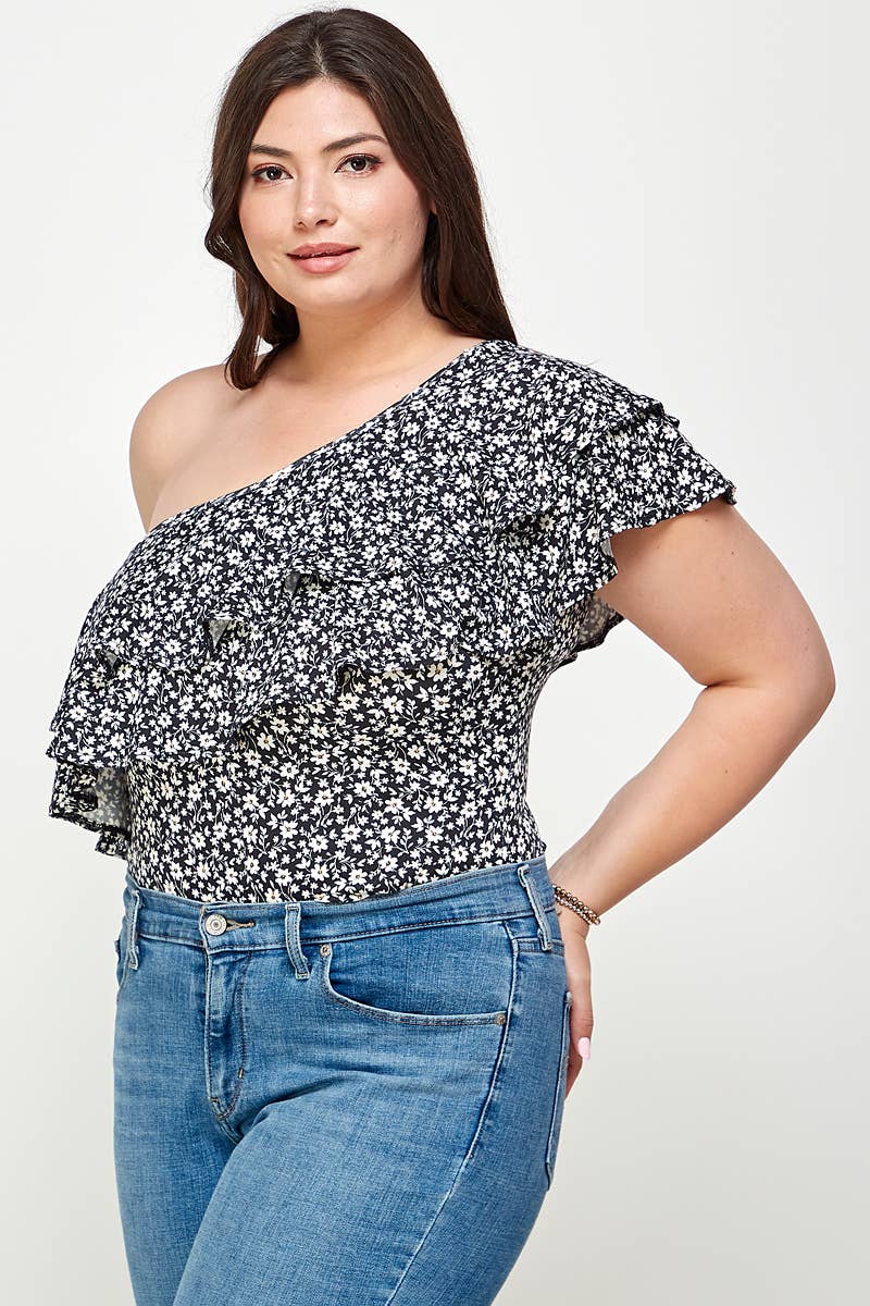Plus Size Ditsy Floral One Shoulder Bodysuit - KY18022-BS