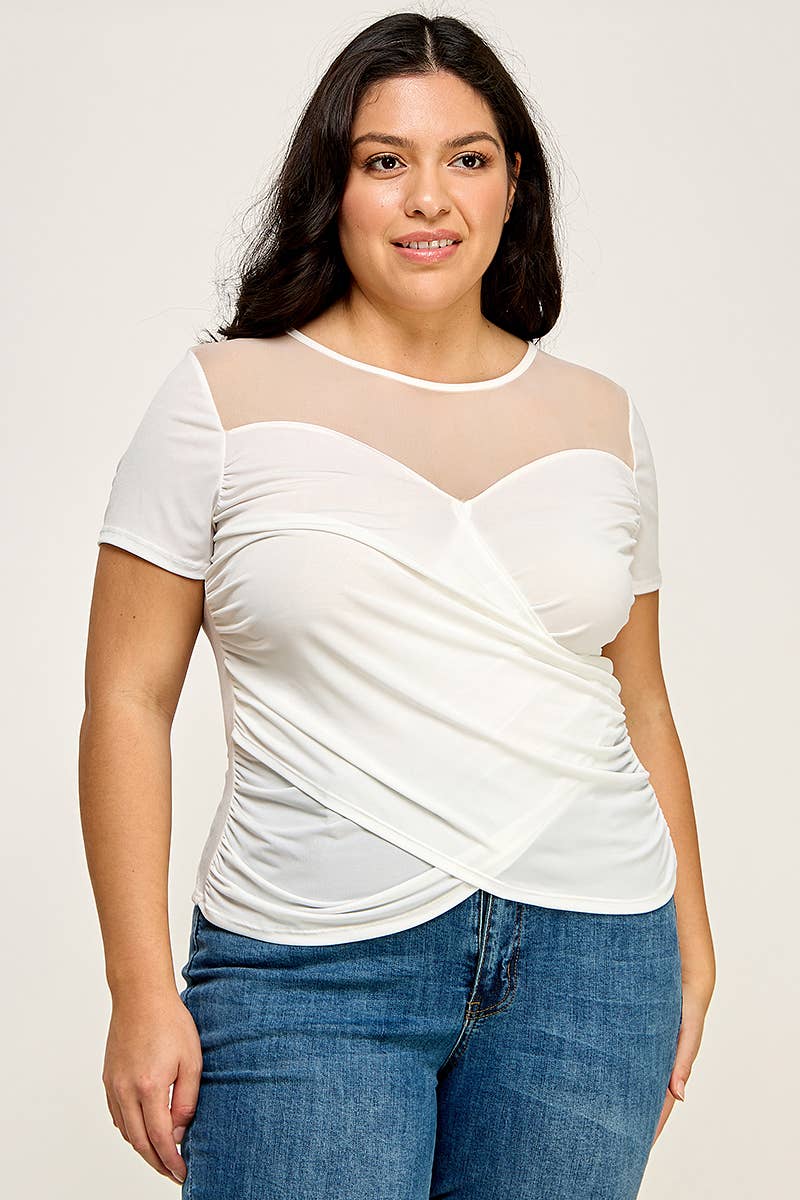 Plus Size Mesh Sweetheart Wrap Top - KY18097-T