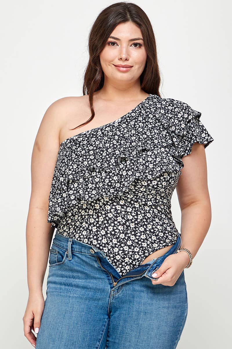 Plus Size Ditsy Floral One Shoulder Bodysuit - KY18022-BS