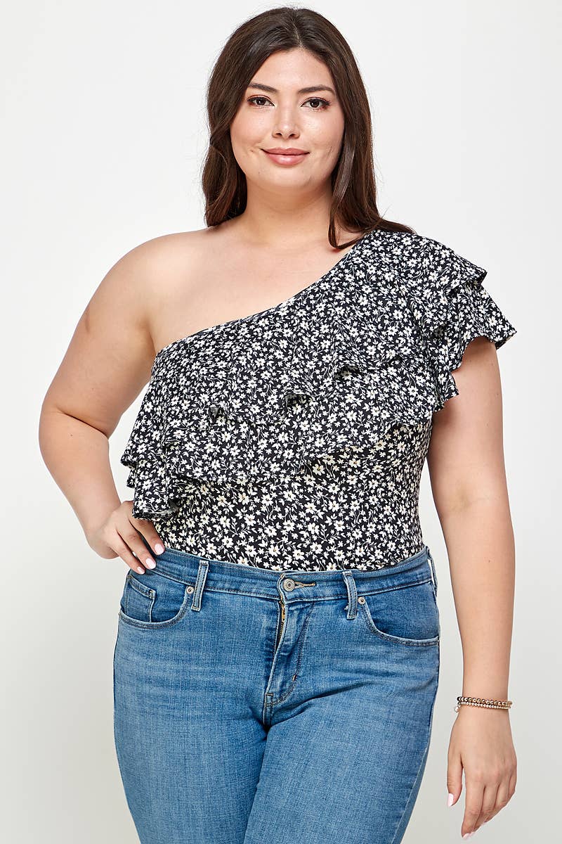 Plus Size Ditsy Floral One Shoulder Bodysuit - KY18022-BS