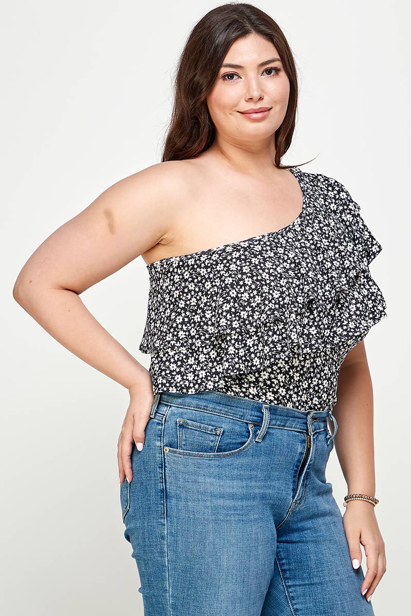 Plus Size Ditsy Floral One Shoulder Bodysuit - KY18022-BS