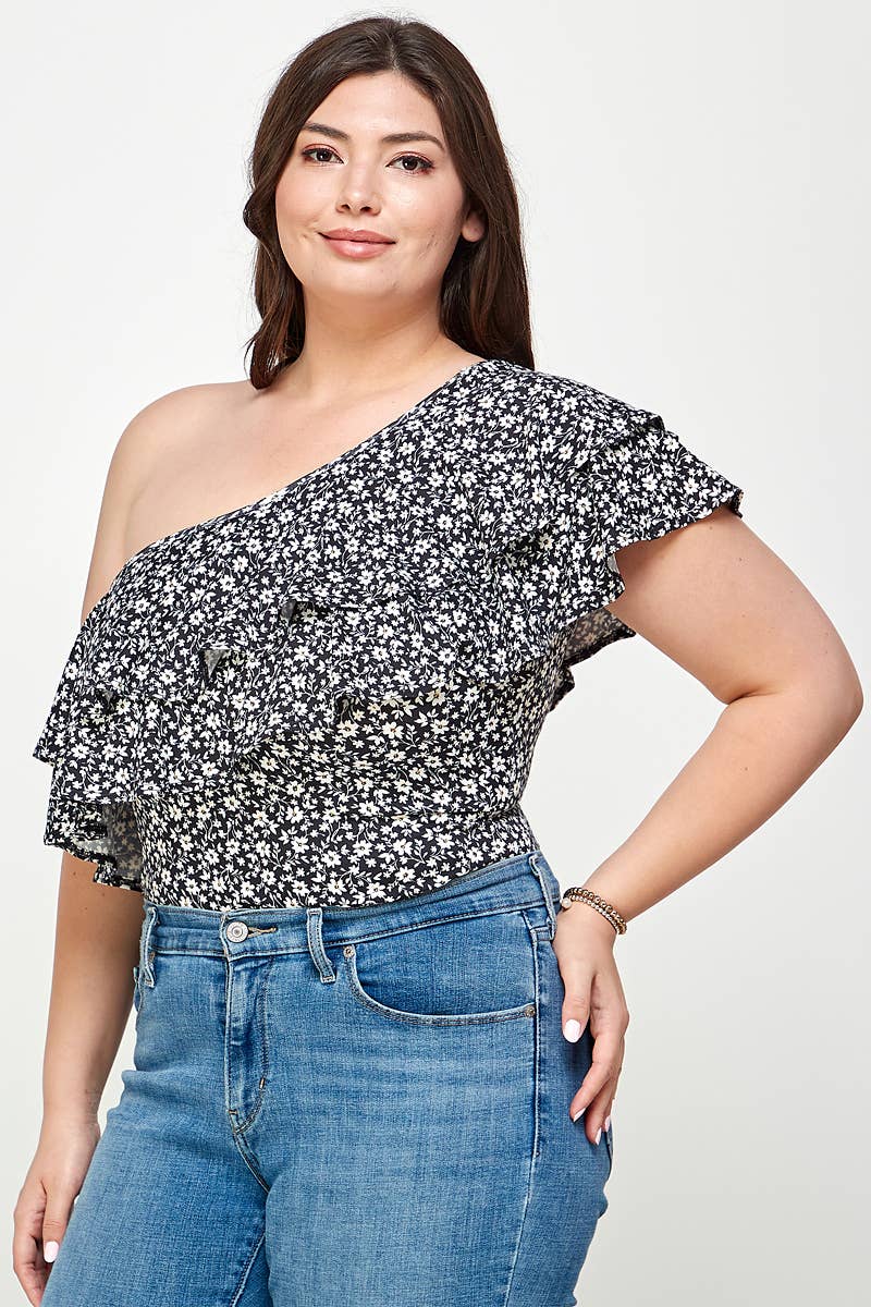 Plus Size Ditsy Floral One Shoulder Bodysuit - KY18022-BS