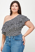 Plus Size Ditsy Floral One Shoulder Bodysuit - KY18022-BS