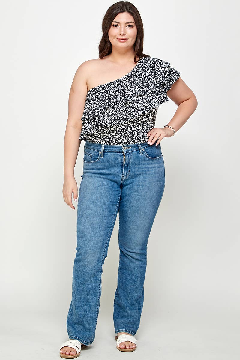 Plus Size Ditsy Floral One Shoulder Bodysuit - KY18022-BS